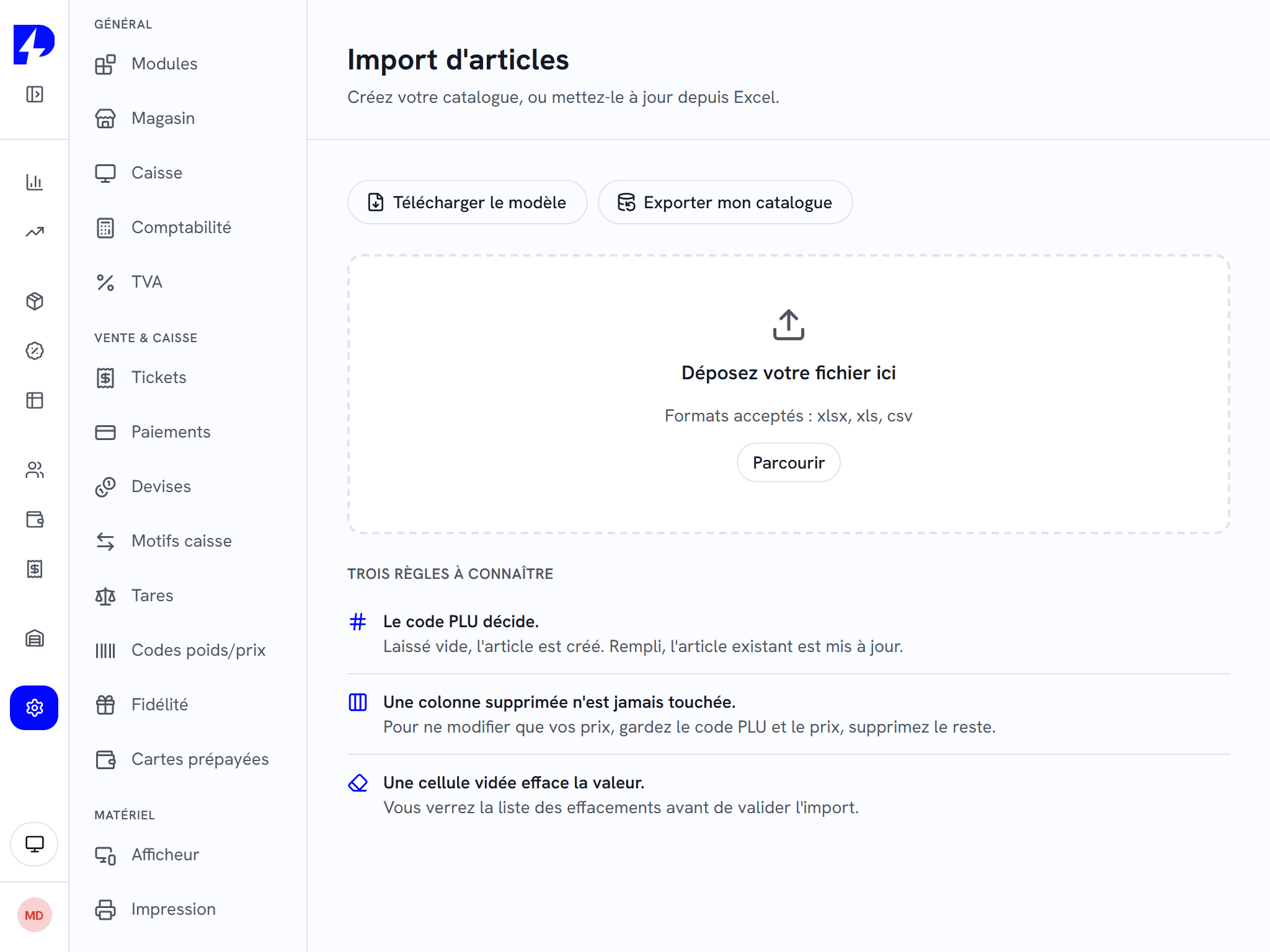 Écran d'import d'articles depuis un fichier Excel avec les trois règles à connaître